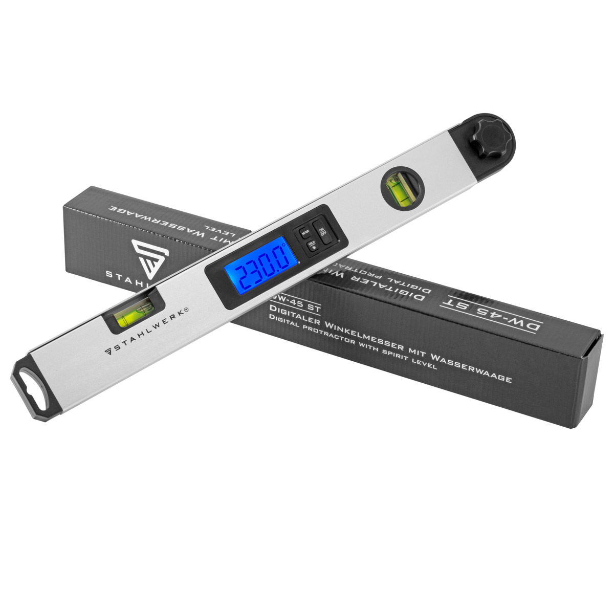 STAHLWERK DW-45 ST Digitaler Aluminium Winkelmesser / Präzisions-Winkelmessgerät / Gradmesser mit integrierter Wasserwaage, weiter Messbereich von 0-230 Grad, 450 mm, beleuchtetes LCD-Display mit Hold-Funktion und Gehrungswinkel-Berechnung