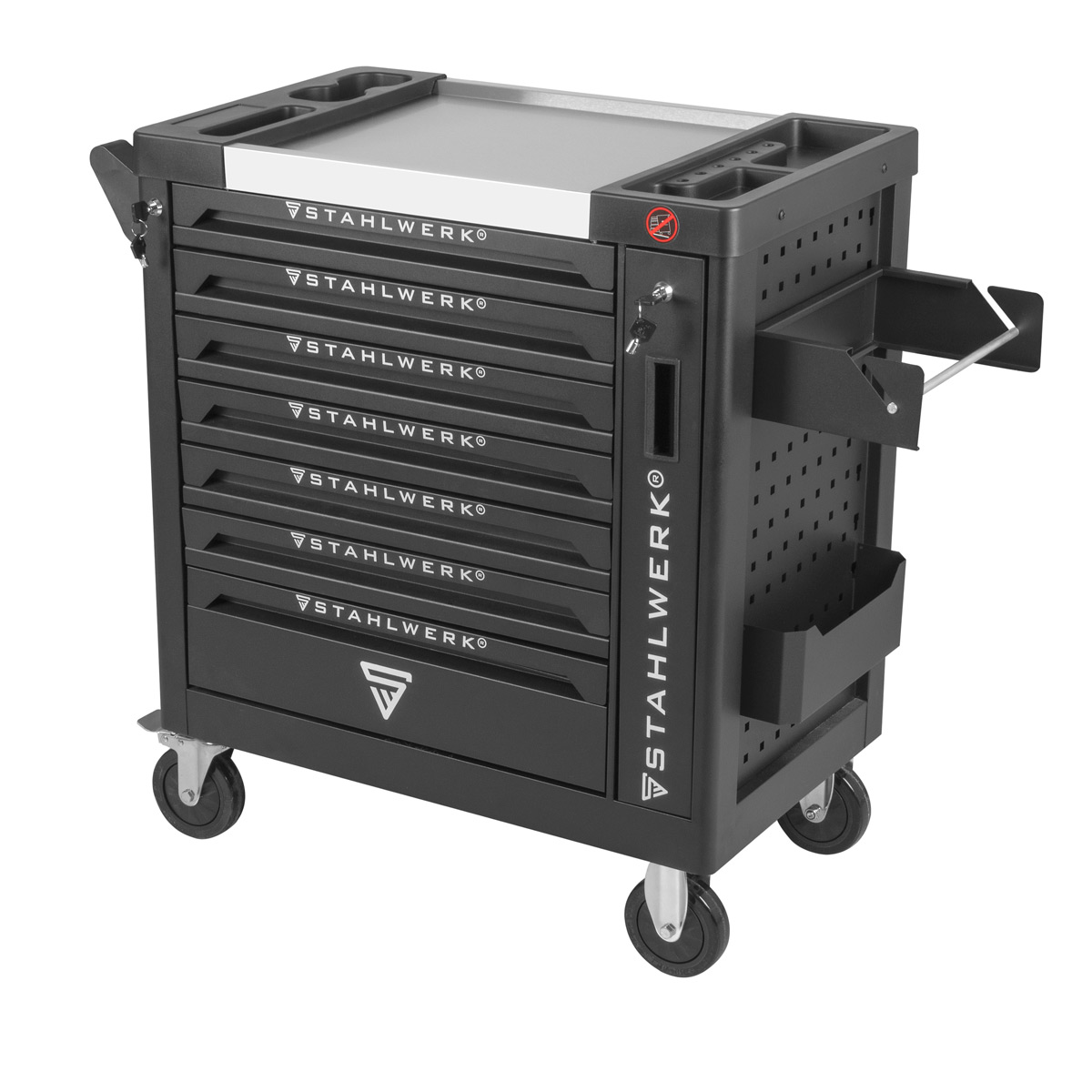 STAHLWERK Werkstattwagen | Werkzeugwagen | Montagewagen Phoenix mit gummierten Rollen, praktischem Papierrollenhalter und 7 Schubladen, voll bestückt mit hochwertigem 260-teiligem Chrom-Vanadium-Werkzeug