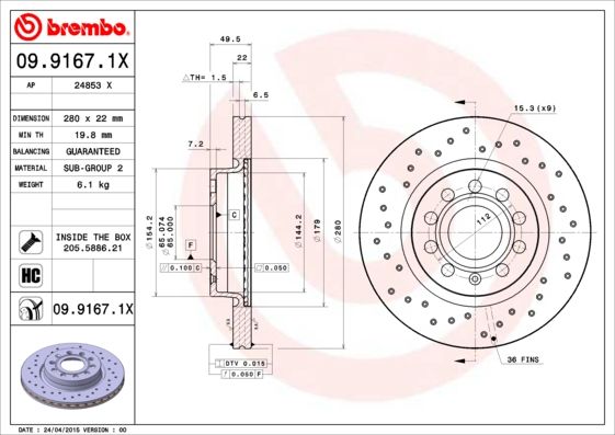 BREMBO Bremsscheibe (09.9167.1X) 8020584212622 09.9167.1X