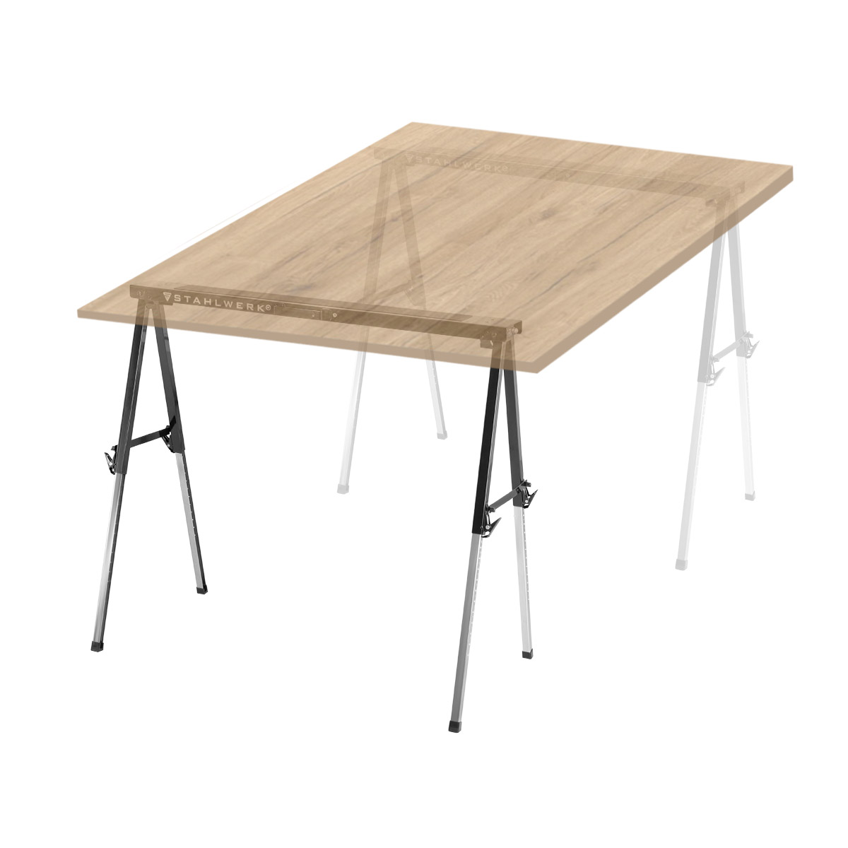 STAHLWERK Sägebock SB-910 ST pulverbeschichteter Metall-Arbeitsbock | Universal-Klappbock | Gerüstbock höhenverstellbar von 645 bis 910 mm mit 150 kg Tragkraft und rutschhemmender Oberfläche