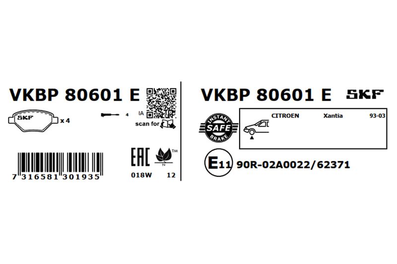SKF Bremsbelagsatz, Scheibenbremse (VKBP 80601 E)