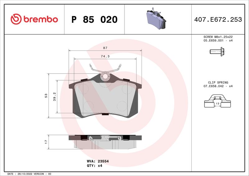 BREMBO Bremsbelagsatz, Scheibenbremse (P 85 020) 8020584058237 P 85 020