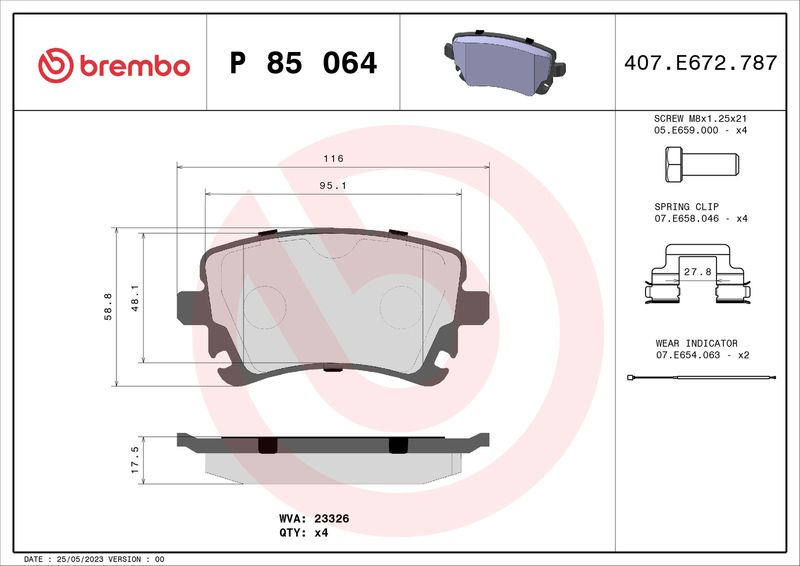 BREMBO Bremsbelagsatz, Scheibenbremse (P 85 064)