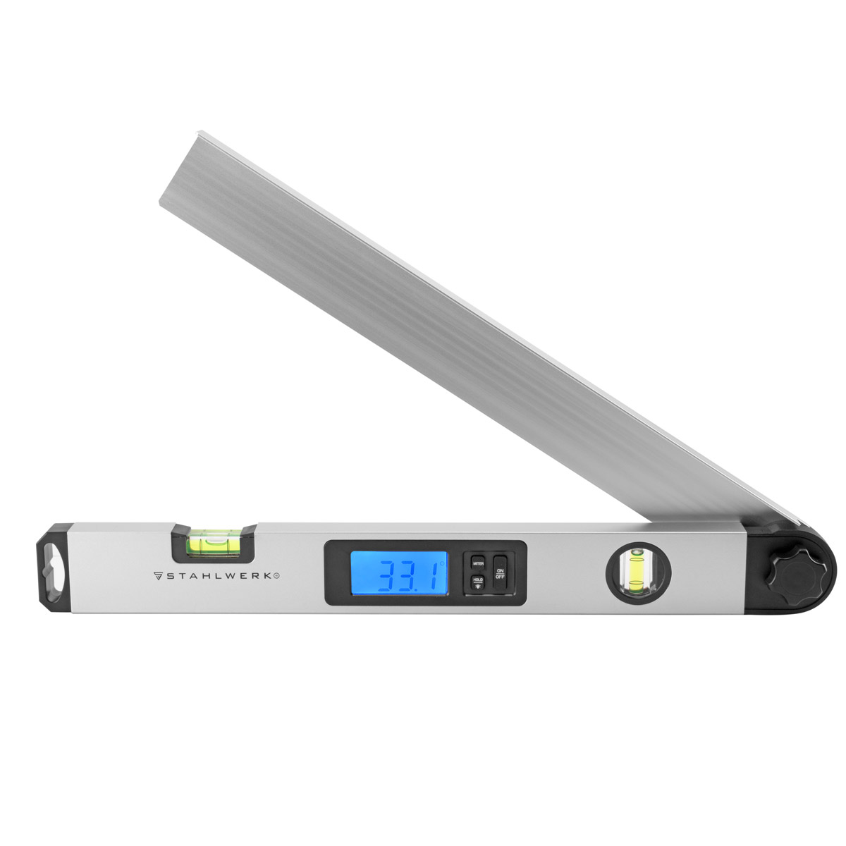 STAHLWERK DW-45 ST Digitaler Aluminium Winkelmesser / Präzisions-Winkelmessgerät / Gradmesser mit integrierter Wasserwaage, weiter Messbereich von 0-230 Grad, 450 mm, beleuchtetes LCD-Display mit Hold-Funktion und Gehrungswinkel-Berechnung