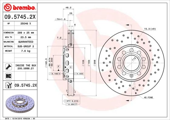 BREMBO Bremsscheibe (09.5745.2X) 8020584212417 09.5745.2X