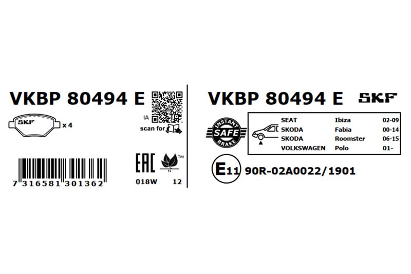SKF Bremsbelagsatz, Scheibenbremse (VKBP 80494 E)