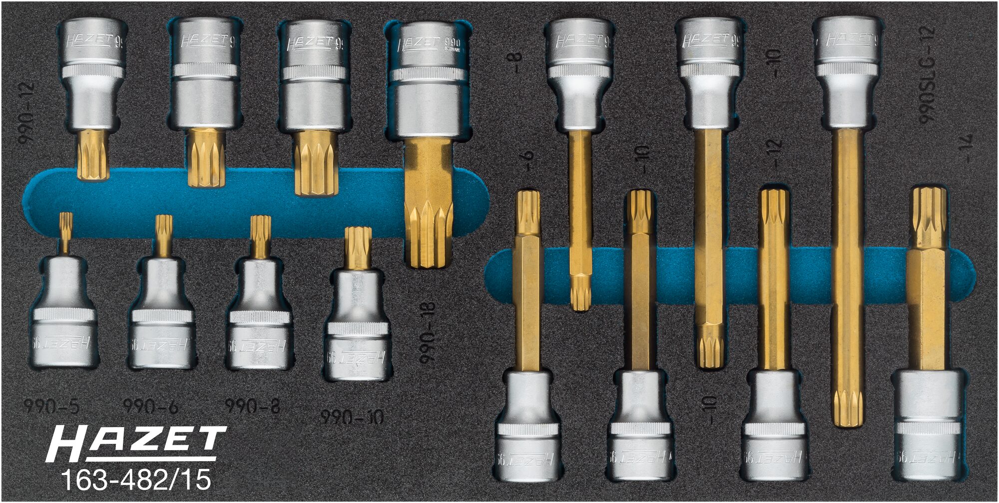 HAZET XZN Schraubendreher Steckschlüssel Einsatz Satz ∙ Außensechskant-Antrieb 10 = 3/8 Zoll 12,5 = 1⁄2″ ∙ 15-teilig 163-482/15 ∙ Vierkant12,5 mm (1/2 Zoll) ∙ Innen Vielzahn Profil XZN ∙ M5 – M12 ∙ Anzahl Werkzeuge: 15