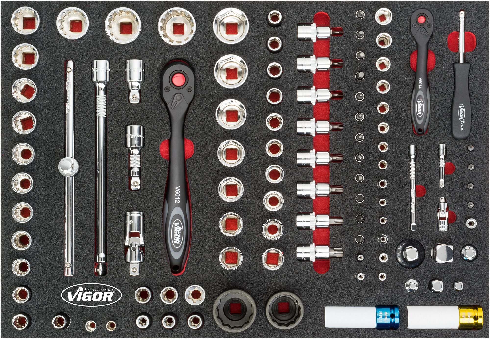 VIGOR Steckschlüssel Satz für VW und AUDI ∙ V4587 ∙ Vierkant6,3 mm (1/4 Zoll), Vierkant10 mm (3/8 Zoll), Vierkant12,5 mm (1/2 Zoll), Vierkant20 mm (3/4 Zoll), Vierkant25 mm (1 Zoll) ∙ Außen TORX® Profil, Außen-Sechskant Profil,