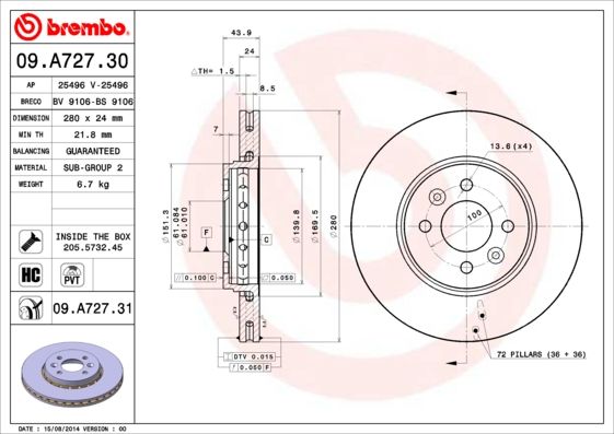 BREMBO Bremsscheibe (09.A727.31) 8020584219966 09.A727.31