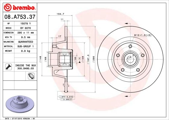 BREMBO Bremsscheibe (08.A753.37)
