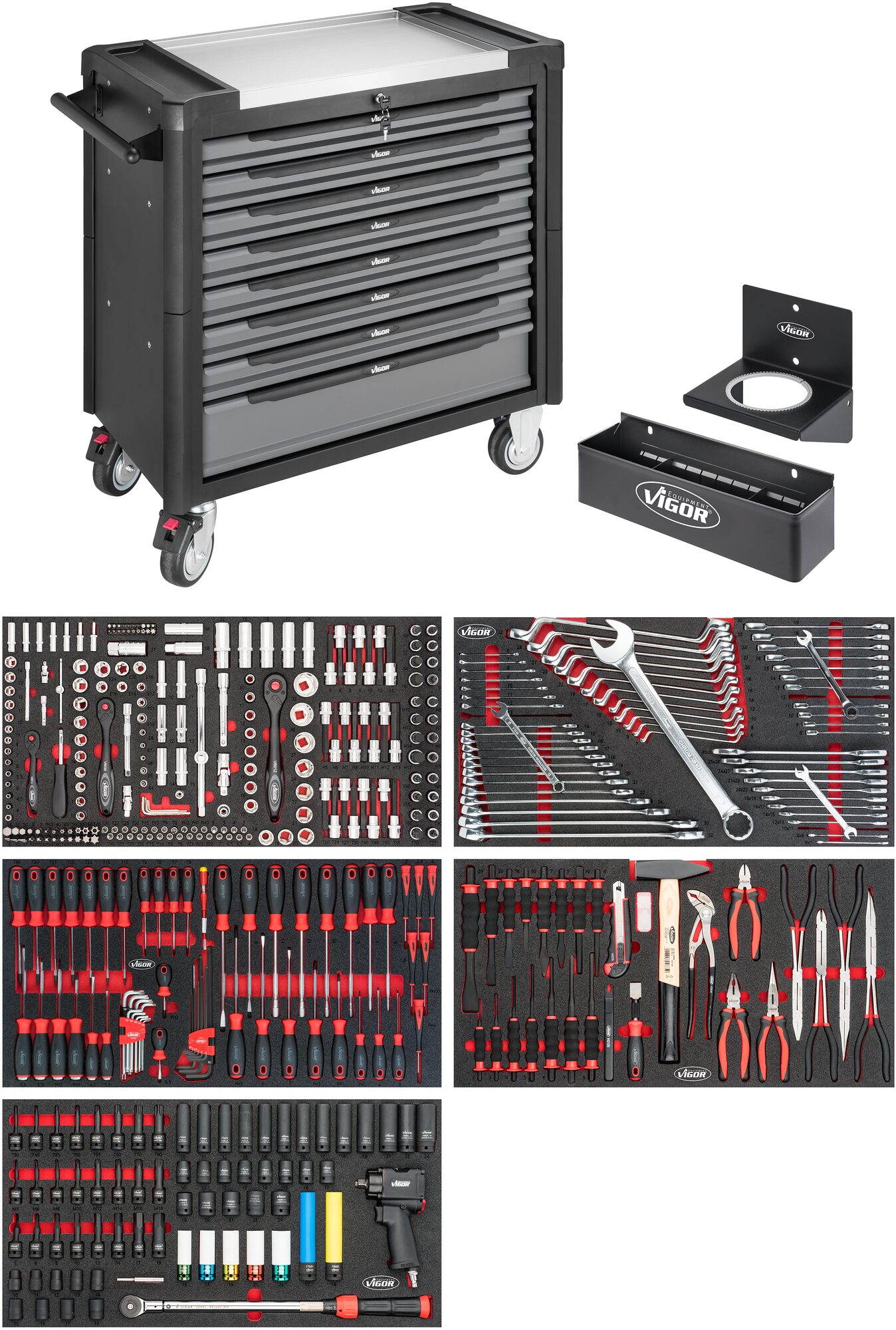 VIGOR Werkstattwagen Series XL ∙ Edelstahl-Arbeitsplatte ∙ mit Sortiment ∙ V4481-X/466 ∙ Anzahl Werkzeuge: 466