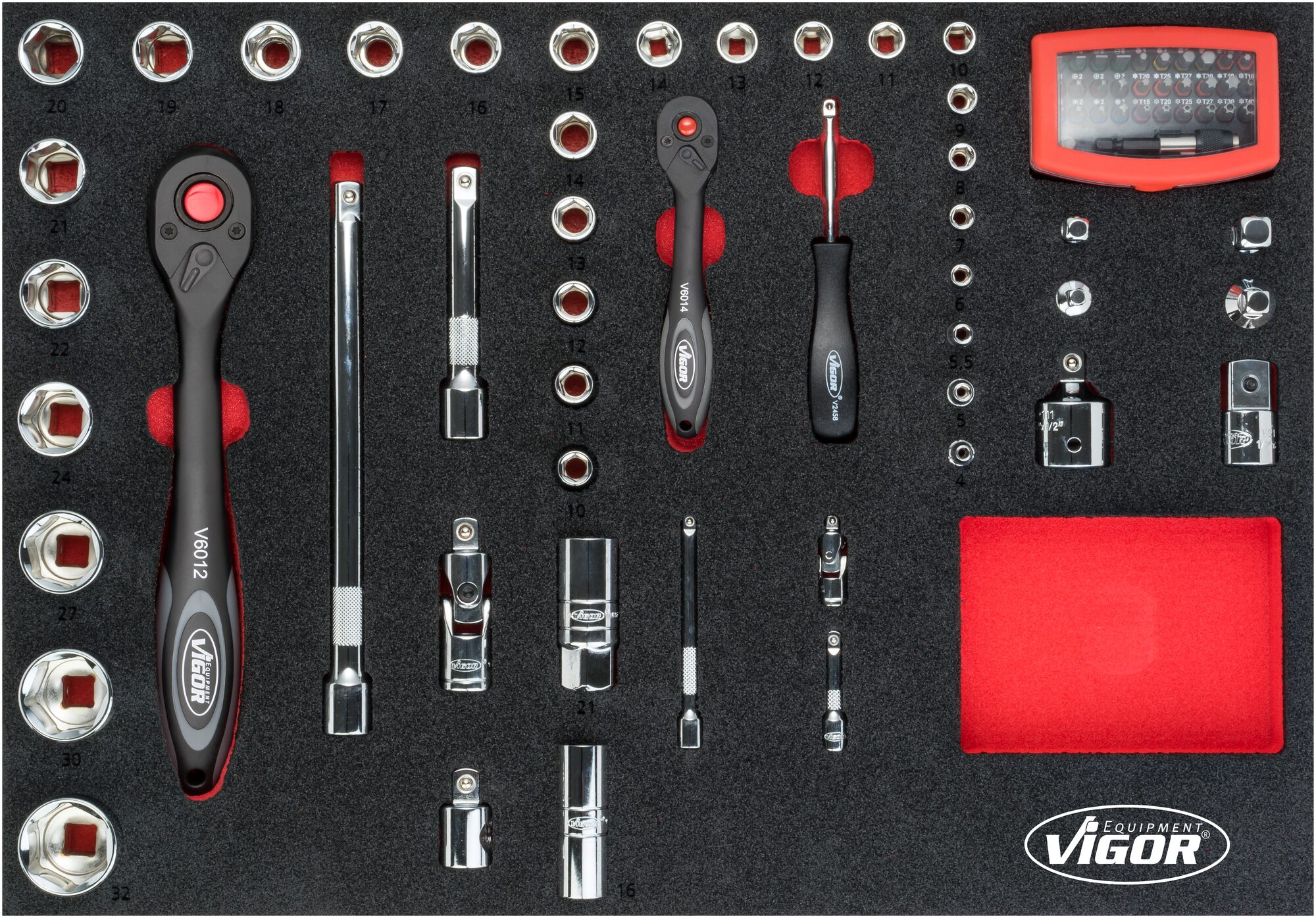 VIGOR Steckschlüssel Satz ∙ V5115 ∙ Vierkant6,3 mm (1/4 Zoll), Vierkant10 mm (3/8 Zoll), Vierkant12,5 mm (1/2 Zoll), Sechskant6,3 (1/4 Zoll) ∙ Außen-Sechskant Profil, Innen TORX® Profil, Innen-Sechskant Profil, Kreuzschlitz