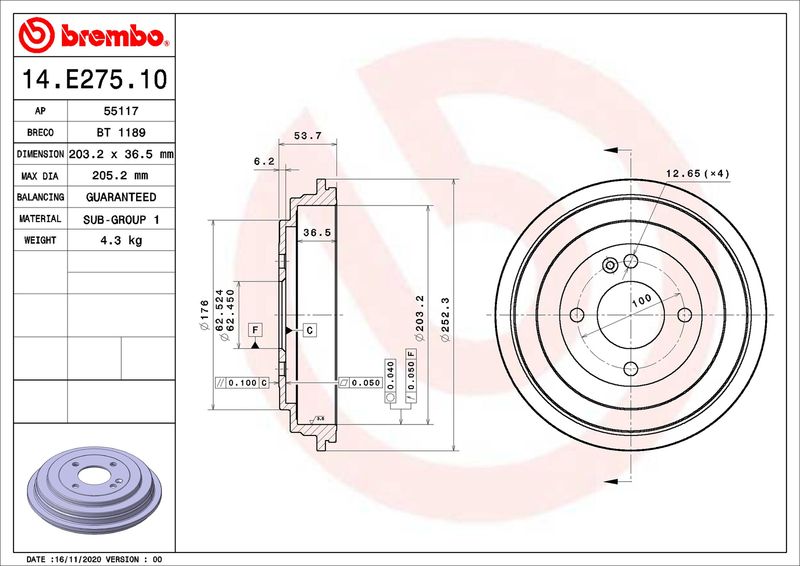 BREMBO Bremstrommel (14.E275.10) Thumbnail