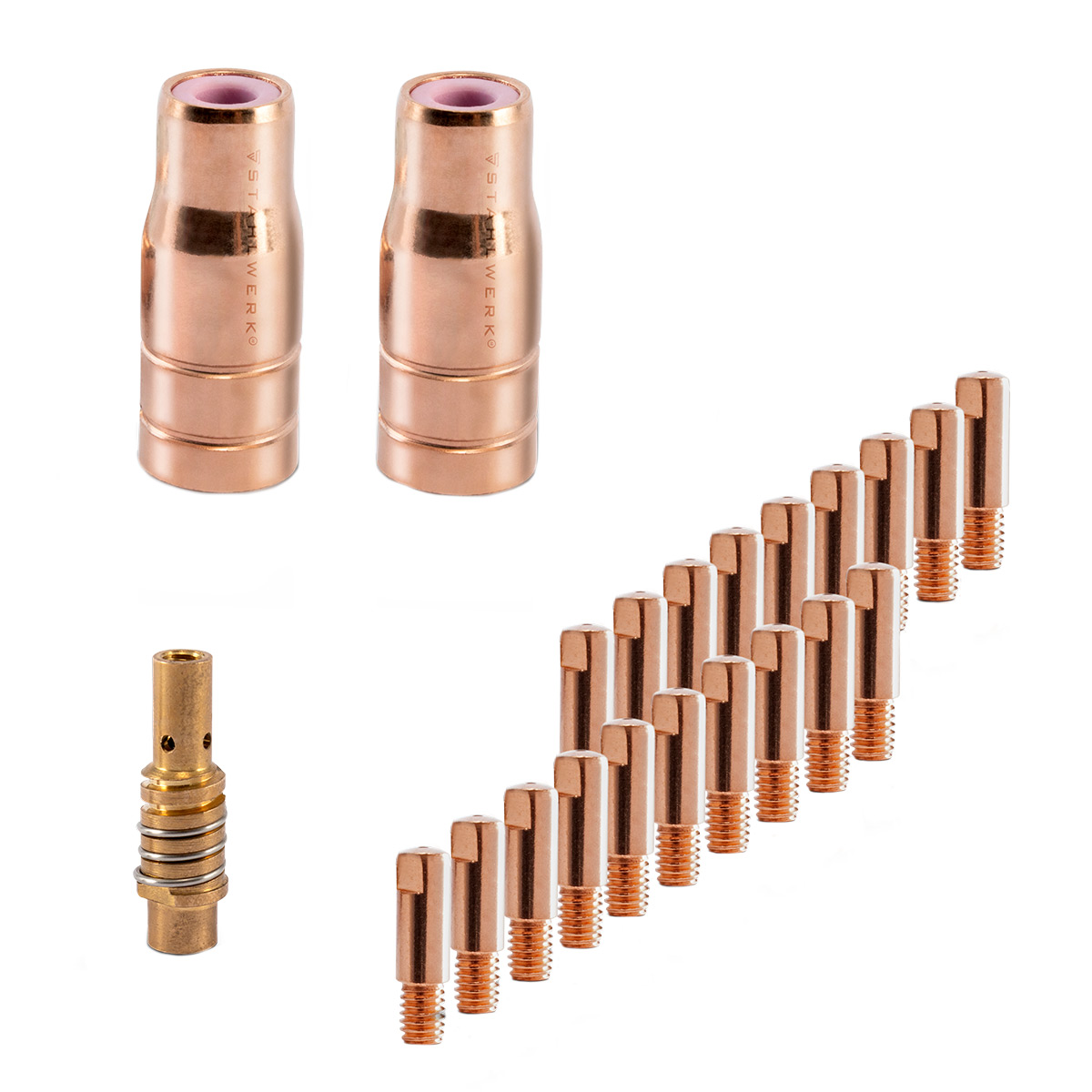 STAHLWERK FLUX AK15/MB15 AK14/MB14 Verschleißteile Set | 23-teiliges Original Schweißzubehör Set mit Fülldrahtdüsen | Düsenträger und Stromdüsen 0,9 mm