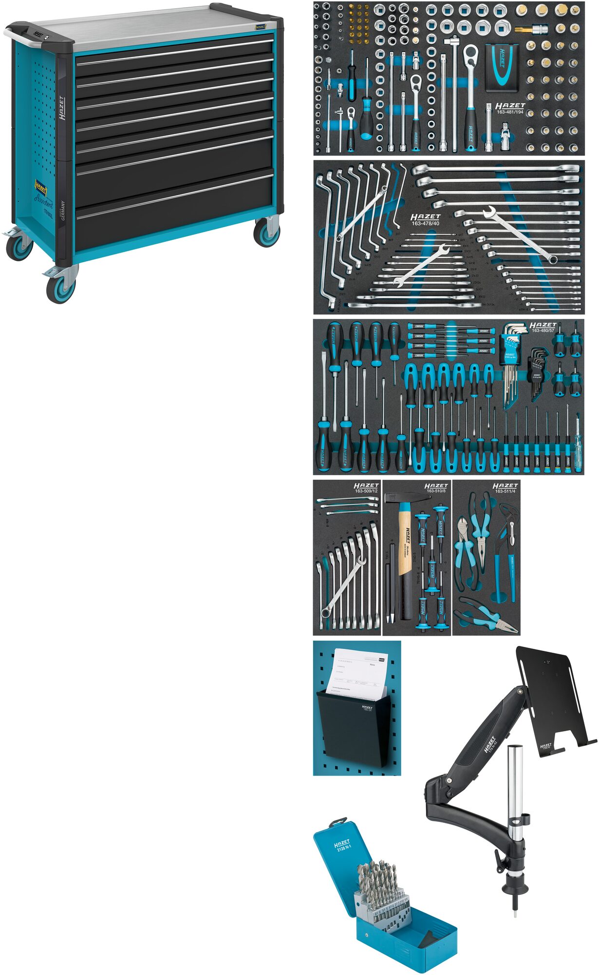 HAZET Werkstattwagen Assistent 179NXXL-7/342 ∙ Schubladen, flach: 5 x 81 x 870 x 398 mm ∙ Schubladen, hoch: 2 x 166 x 870 x 398 mm ∙ Anzahl Werkzeuge: 342