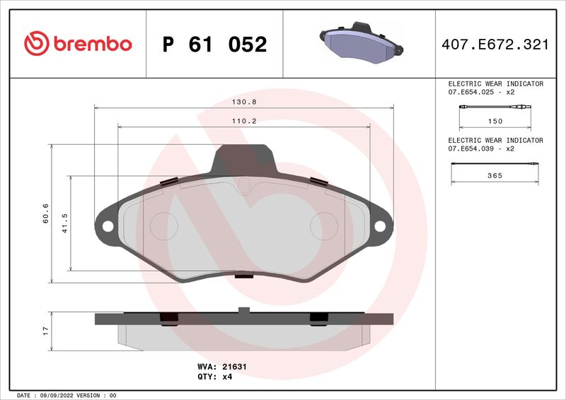 BREMBO Bremsbelagsatz, Scheibenbremse (P 61 052)