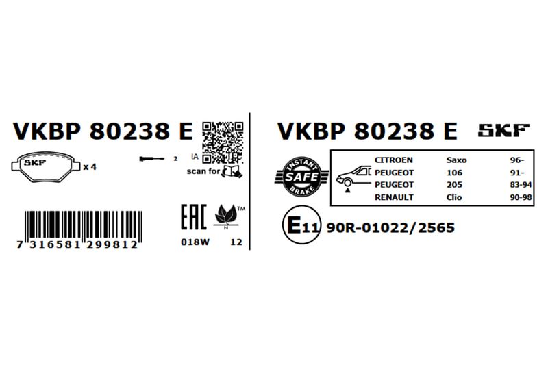 SKF Bremsbelagsatz, Scheibenbremse (VKBP 80238 E)