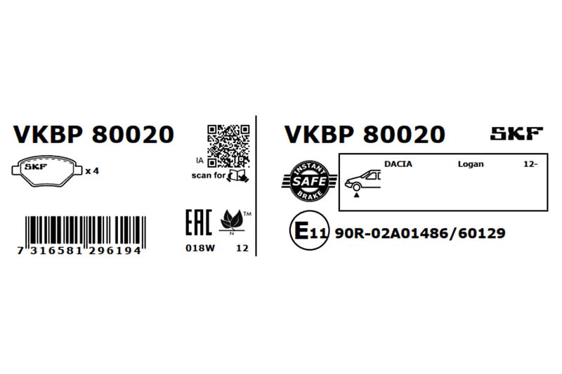 SKF Bremsbelagsatz, Scheibenbremse (VKBP 80020)