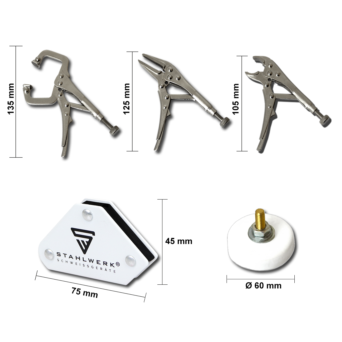 STAHLWERK Mini Schweißzubehör Set Gripzangen Magnet Schweißwinkel Masseklemme
