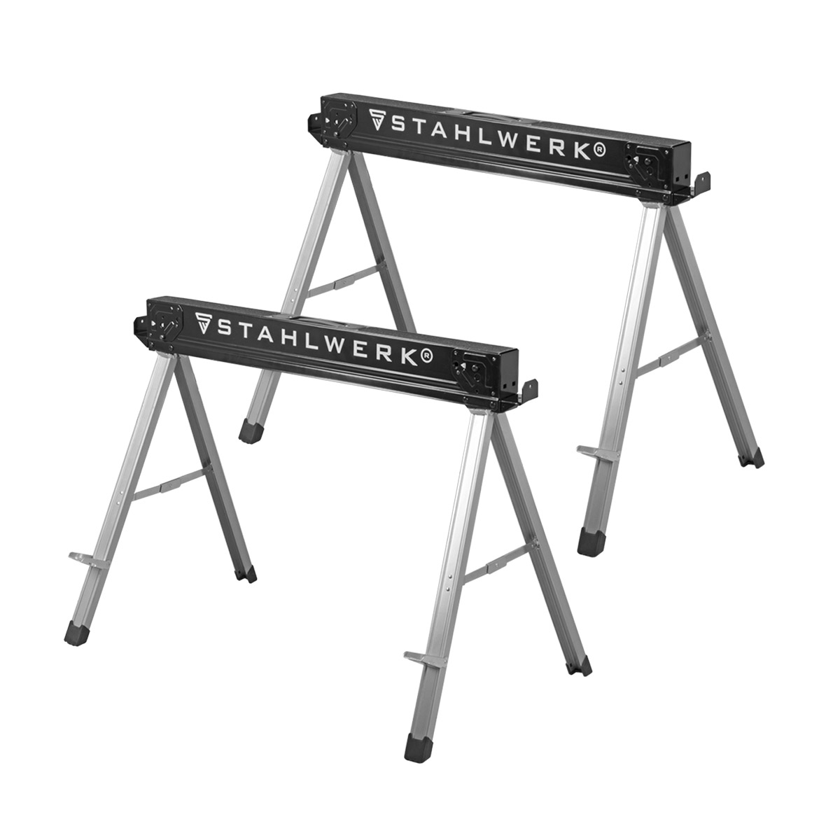 STAHLWERK Sägebock SB-757 ST im 2er Set pulverbeschichteter Metall-Arbeitsbock | Universal-Klappbock | Gerüstbock mit einer maximalen Tragkraft von 500 kg und seitlicher Halterung