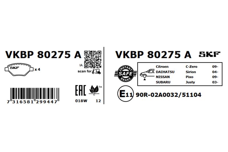SKF Bremsbelagsatz, Scheibenbremse (VKBP 80275 A)