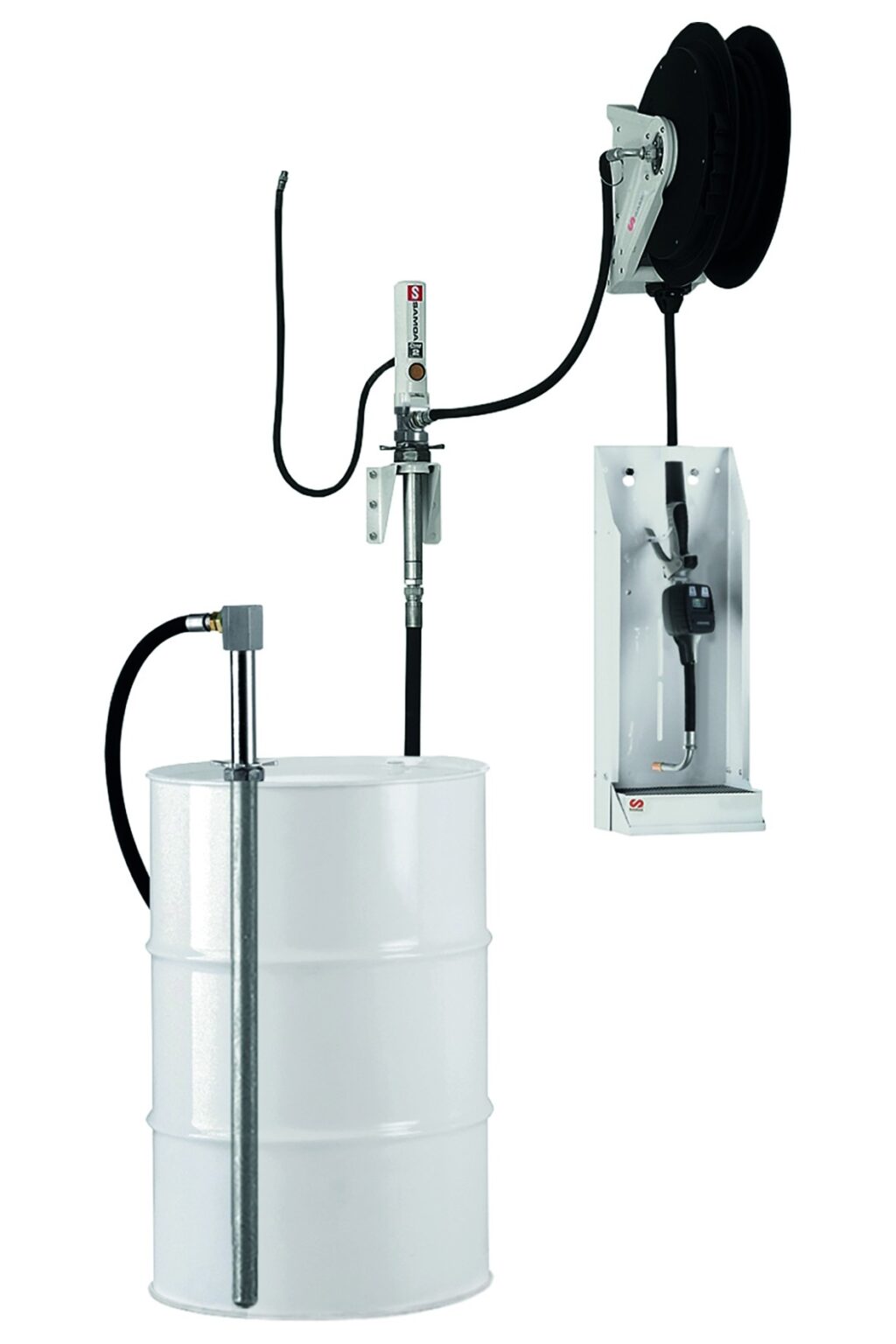 DP Pumpenset 3:1 Wand -Fass m. Luftschlauch, Schlauchaufroller 10m, DIGI Handdurchlaufzähler | SAMOA