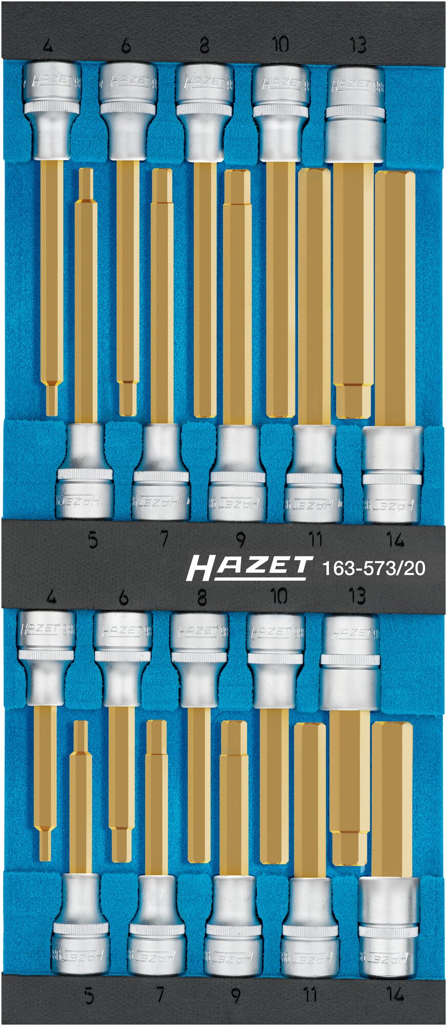 HAZET Schraubendreher-Steckschlüsseleinsatz Satz 163-573/20 ∙ Vierkant12,5 mm (1/2 Zoll) ∙ Innen-Sechskant Profil ∙ 4 – 14 ∙ Anzahl Werkzeuge: 20