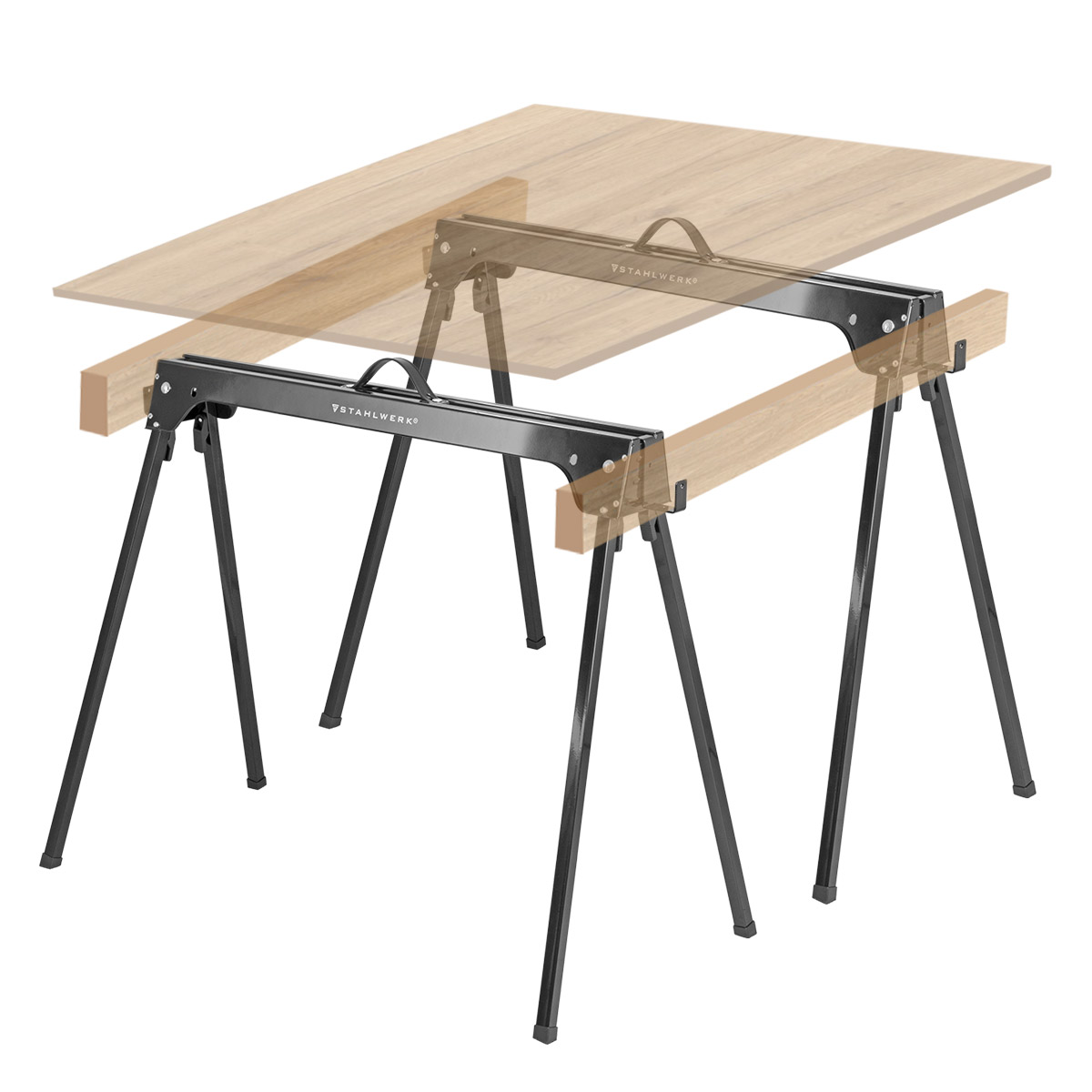 STAHLWERK Sägebock SB-740 ST im 2er Set pulverbeschichteter Metall-Arbeitsbock | Universal-Klappbock | Gerüstbock mit einer maximalen Tragkraft von 500 kg und seitlicher Halterung