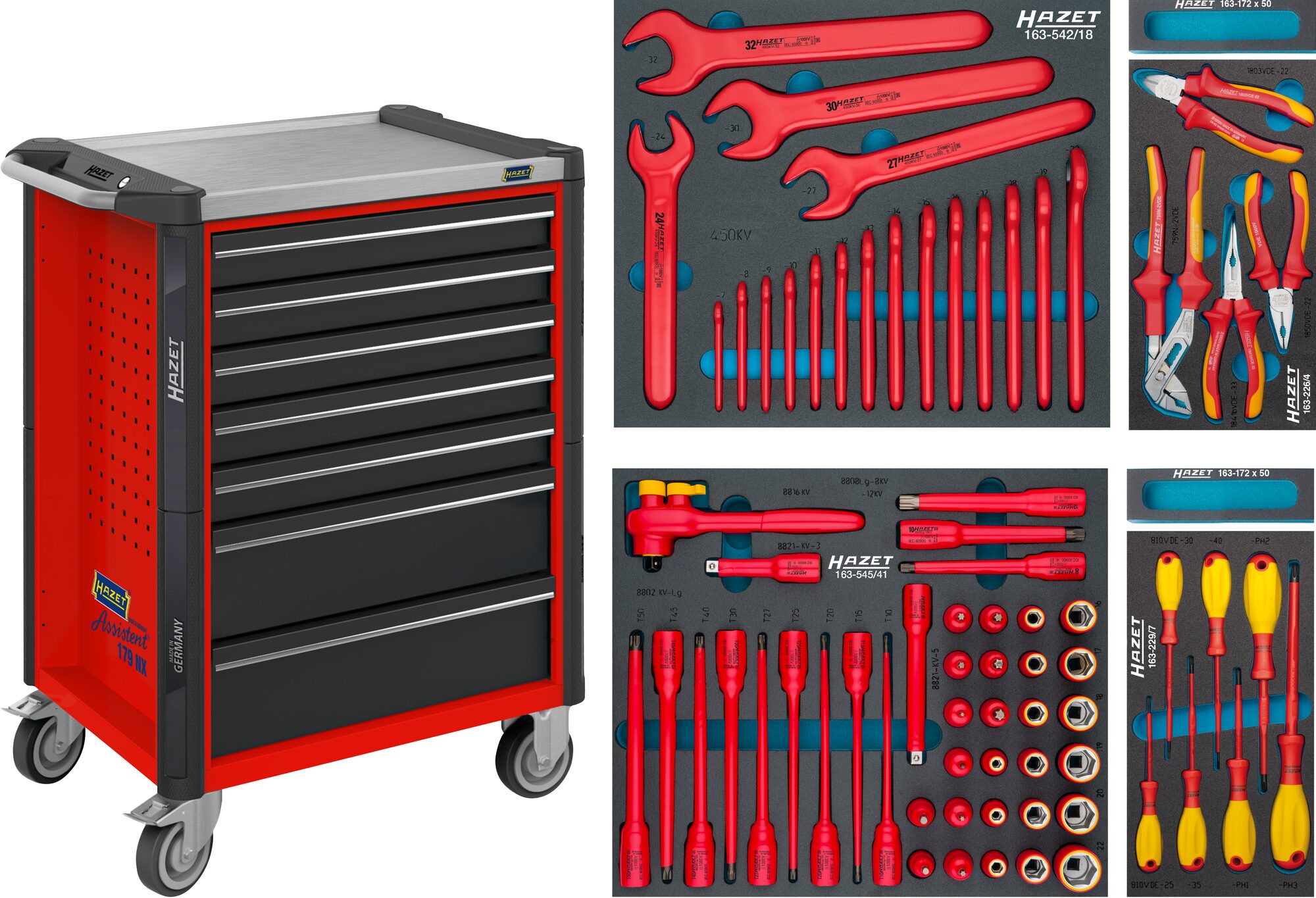 HAZET Werkstattwagen Assistent 179NX-7/70KV ∙ Schubladen, flach: 5 x 81 x 522 x 398 mm ∙ Schubladen, hoch: 2 x 166 x 522 x 398 mm ∙ Anzahl Werkzeuge: 70