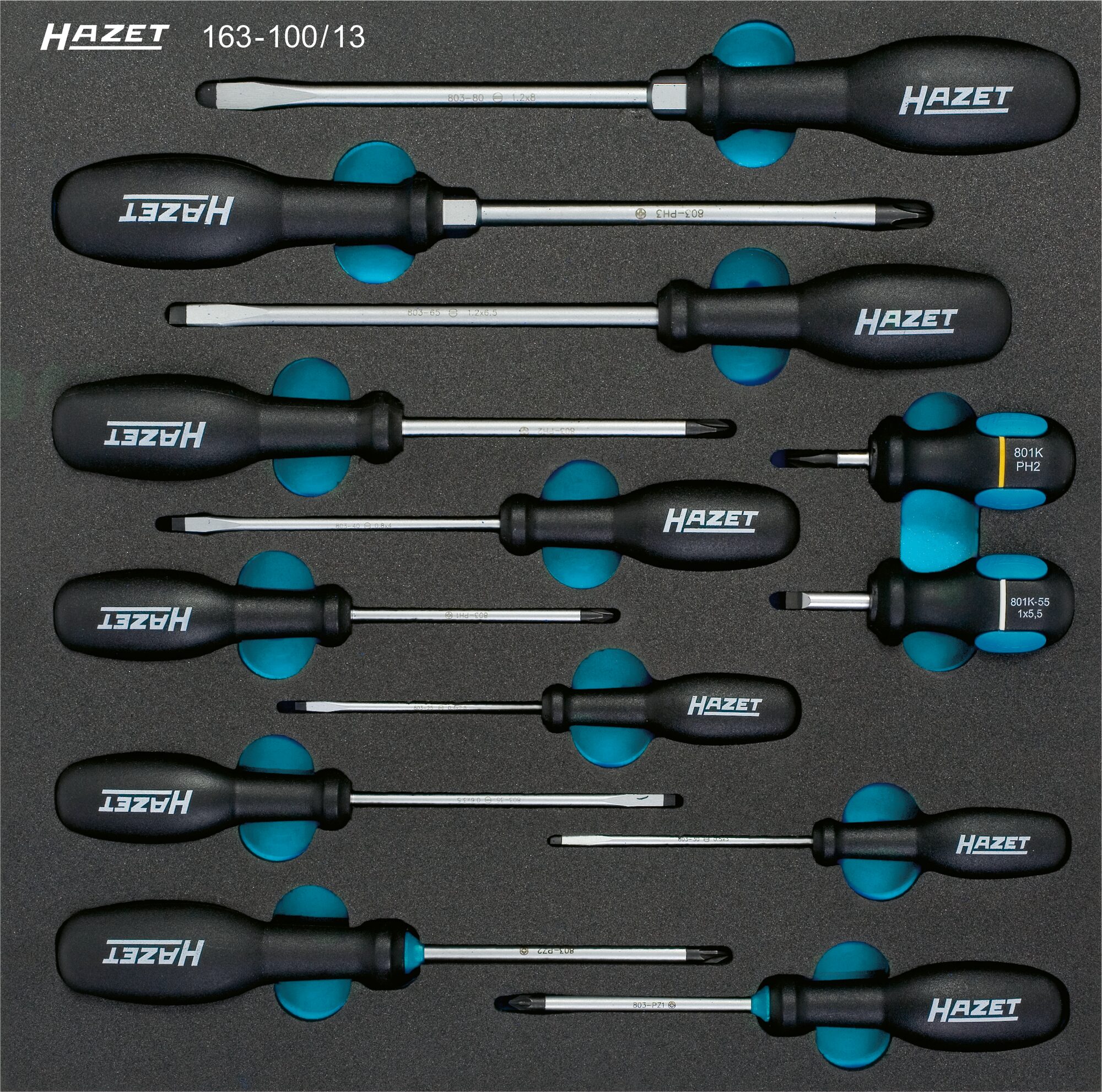 HAZET Schraubendreher Satz 163-100/13 ∙ Pozidriv Profil PZ, Kreuzschlitz Profil PH, Schlitz Profil ∙ Anzahl Werkzeuge: 13