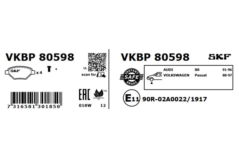 SKF Bremsbelagsatz, Scheibenbremse (VKBP 80598)