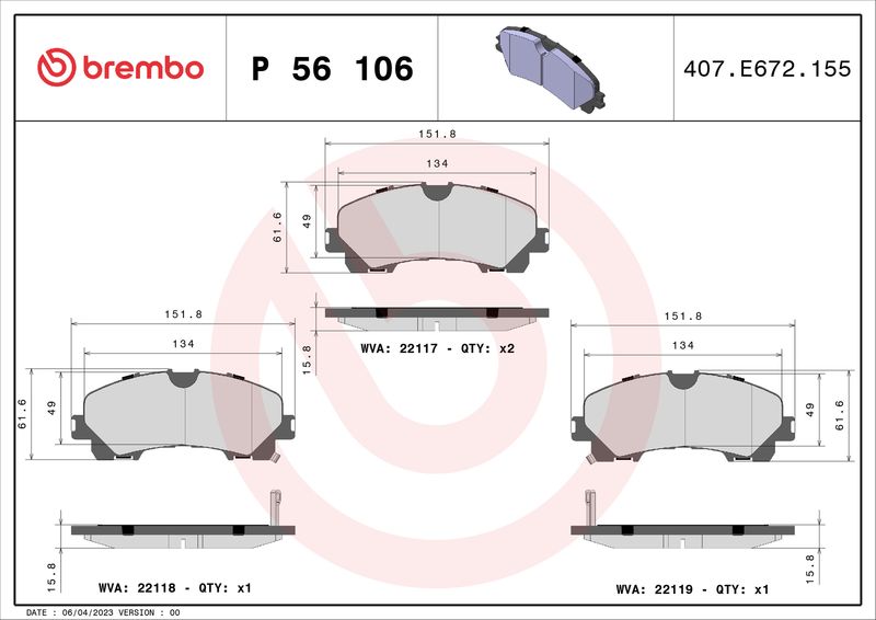 BREMBO Bremsbelagsatz, Scheibenbremse (P 56 106)