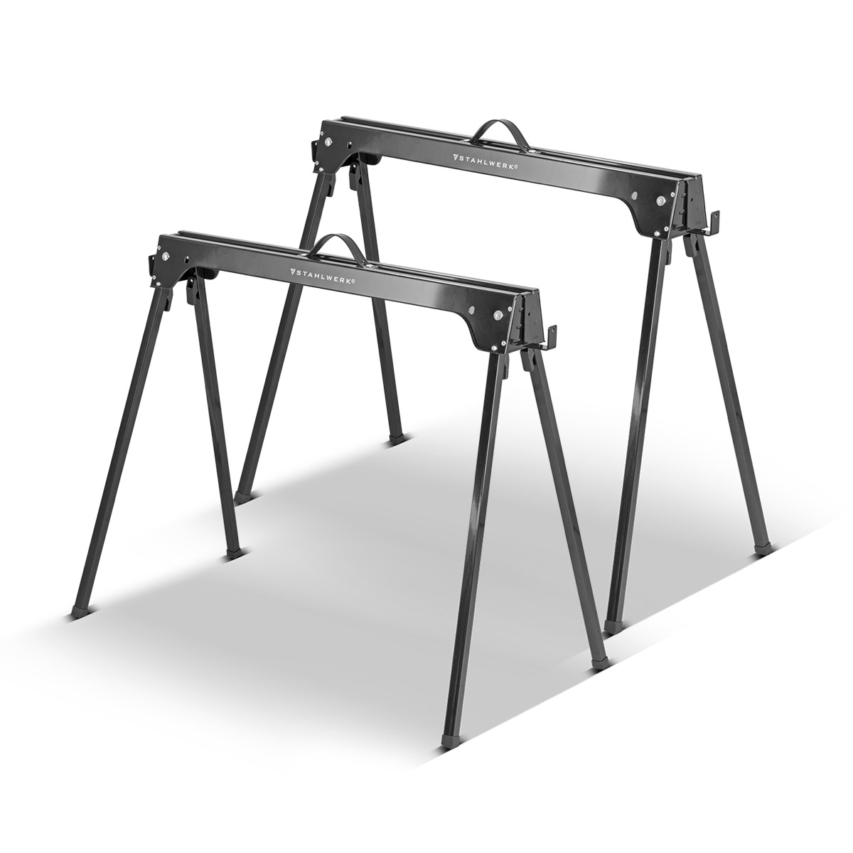 STAHLWERK Sägebock SB-740 ST im 2er Set pulverbeschichteter Metall-Arbeitsbock | Universal-Klappbock | Gerüstbock mit einer maximalen Tragkraft von 500 kg und seitlicher Halterung