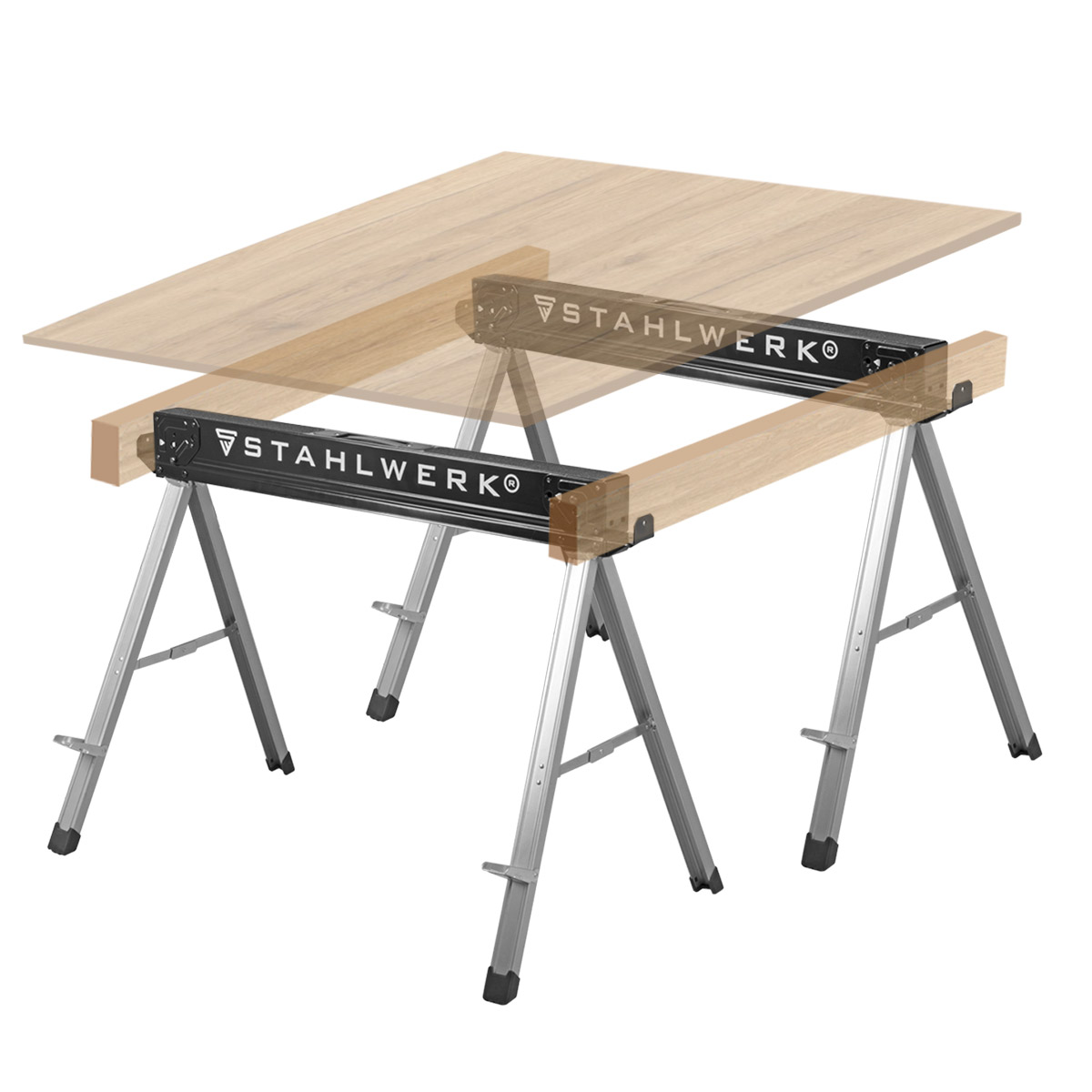 STAHLWERK Sägebock SB-757 ST im 2er Set pulverbeschichteter Metall-Arbeitsbock | Universal-Klappbock | Gerüstbock mit einer maximalen Tragkraft von 500 kg und seitlicher Halterung