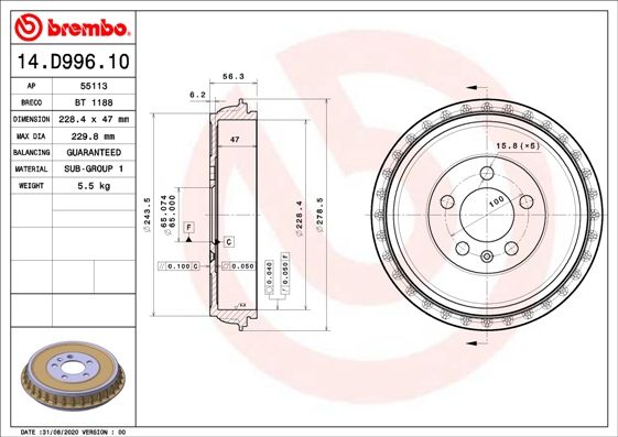 BREMBO Bremstrommel (14.D996.10)