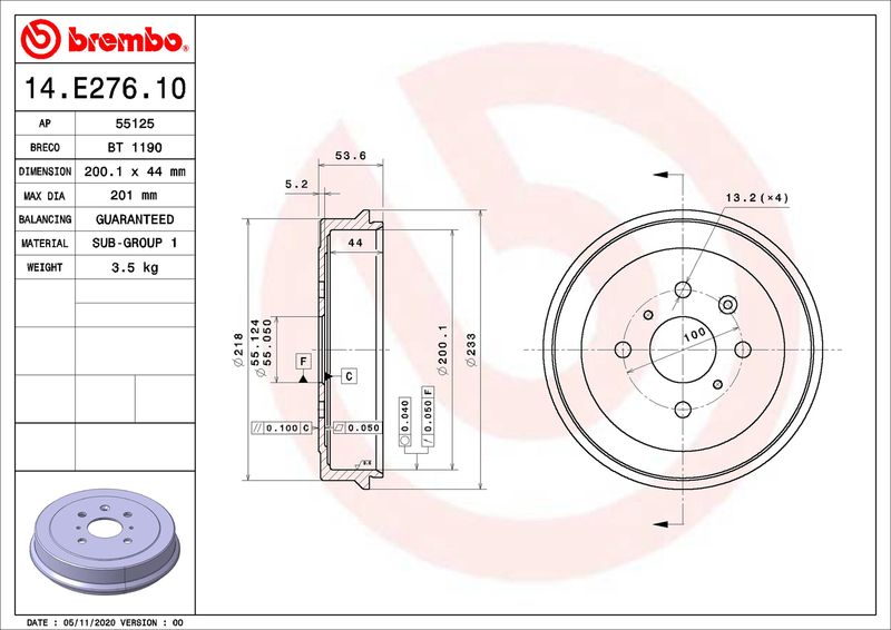 BREMBO Bremstrommel (14.E276.10)