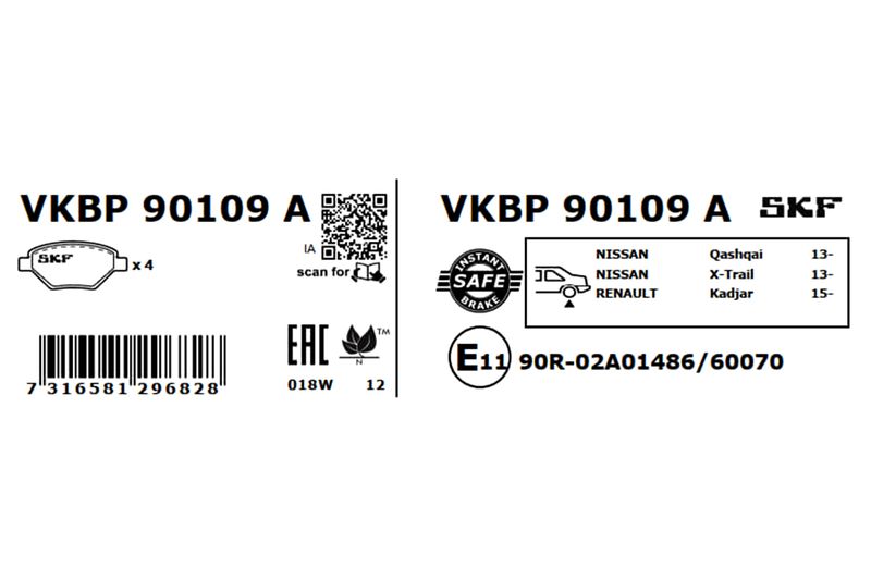 SKF Bremsbelagsatz, Scheibenbremse (VKBP 90109 A)