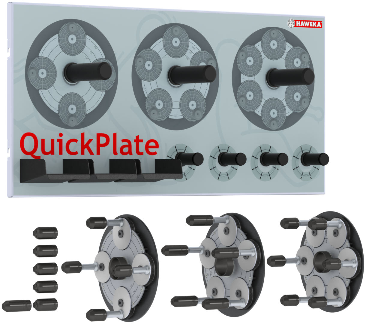 HAWEKA 3er QuickPlate Satz (4-, 5-, 6-Loch Platte) inkl. Wandtafel