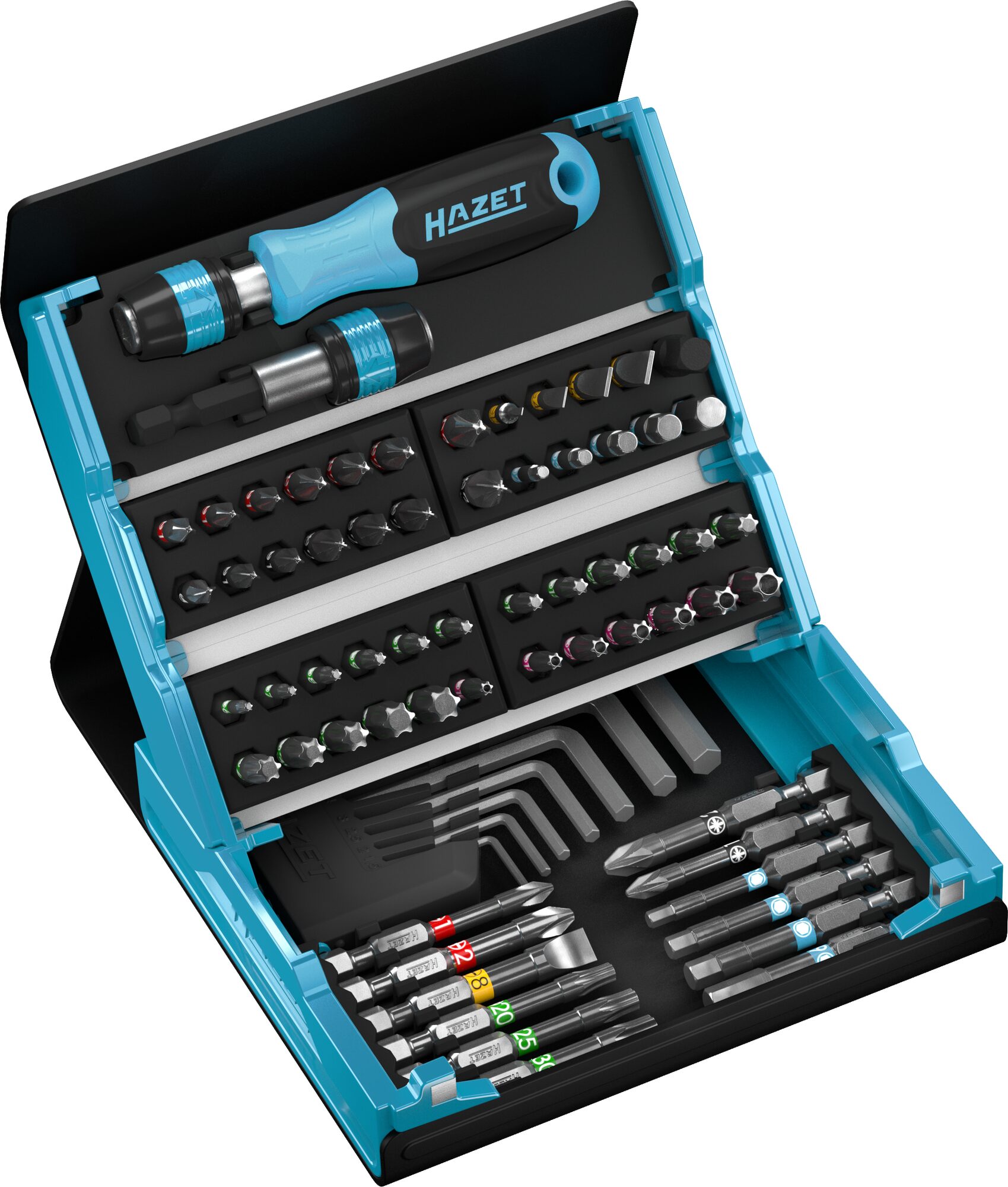 HAZET SmartCase Bit Satz 2200SC-1 ∙ SechskantISO 1173-A 5,5 ∙ Schlitz Profil, Kreuzschlitz Profil PH, Pozidriv Profil PZ, Innen-Sechskant Profil, Innen TORX® Profil, Innen TORX® Plus Profil mit Zapfen ∙ Anzahl Werkzeuge: 69