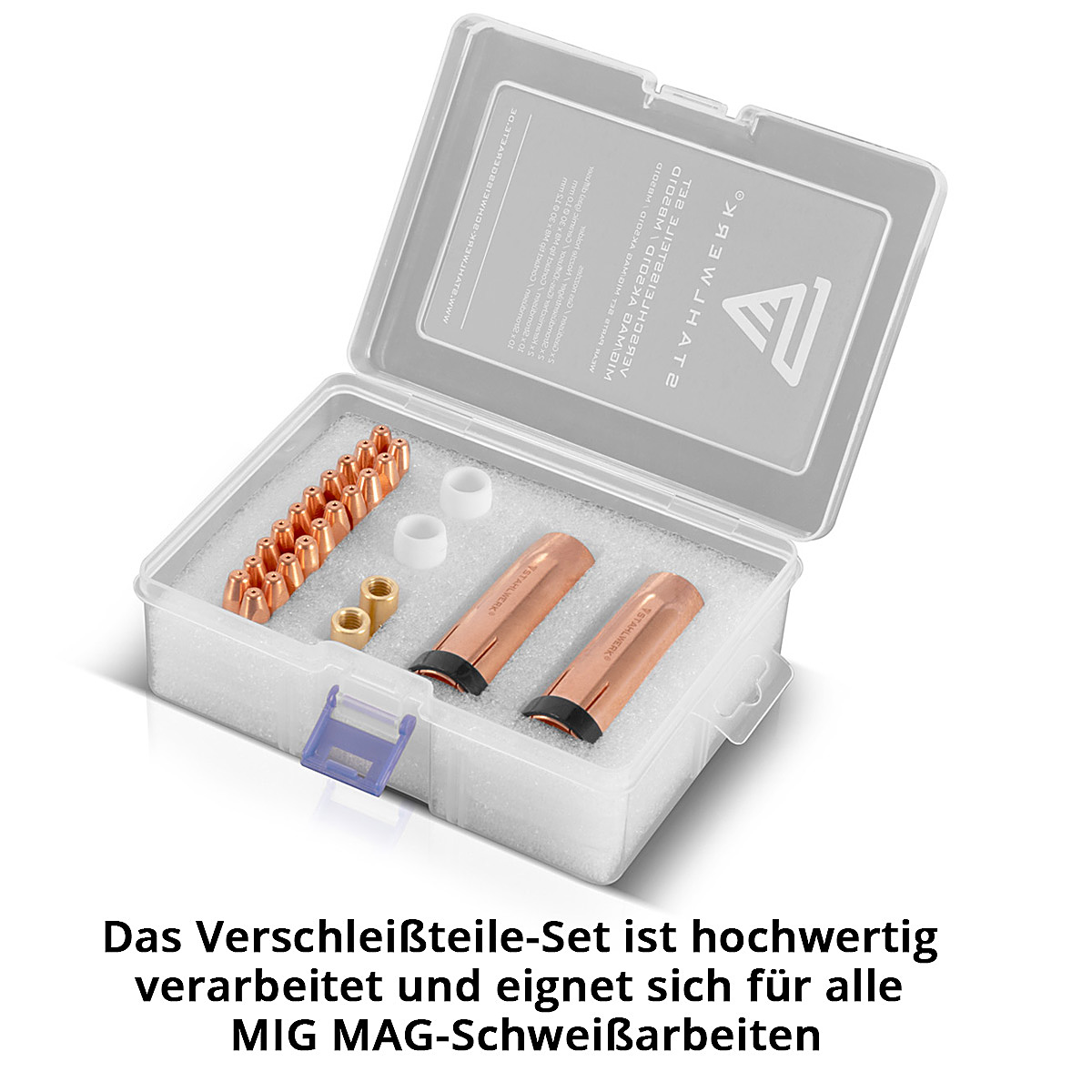 STAHLWERK MIG MAG AK501D | MB501D Premium-Verschleißteile-Set 26-teiliges Schweißzubehör mit Gasdüsen, Stromdüsen, Düsenträger und Keramik-Diffusor für MIG MAG Schweißbrenner
