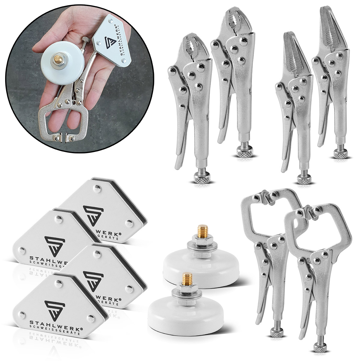 STAHLWERK Mini Schweißzubehör Set Gripzangen Magnet Schweißwinkel Masseklemme