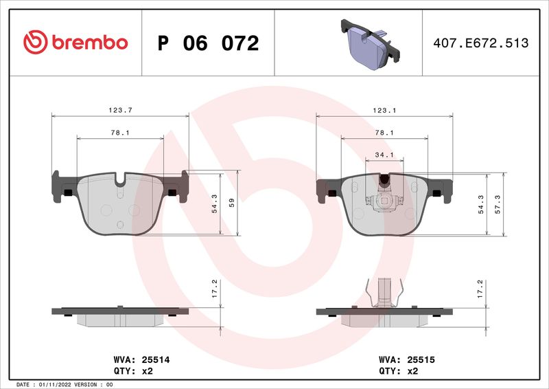 BREMBO Bremsbelagsatz, Scheibenbremse (P 06 072)